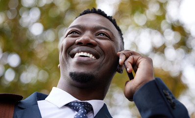 Phone call, smile and conversation for black man, talk and business discussion for outdoors....