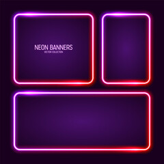 Glowing neon banners, illuminated colorful square frames. Shiny vibrant border, glow effect. Purple vintage retro lights, night illumination. Modern futuristic UI design elements. Vector illustration