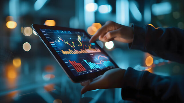 Close up of hands holding an iPad with stock market charts on screen, office background, night time city lights in the window, bokeh effect - Powered by Adobe