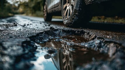 Close up of car wheel on a road in very bad condition with big potholes full of dirty rain water pools. - obrazy, fototapety, plakaty
