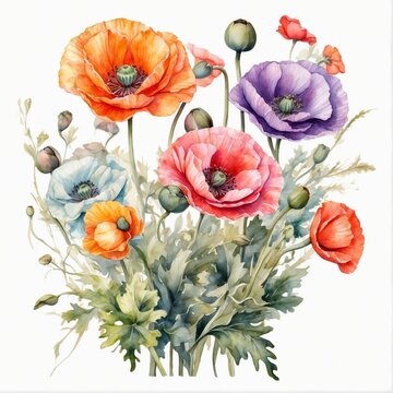 recommend clip art: Watercolor  poppy flowers, floral bouquet clip art, summer floral illustration