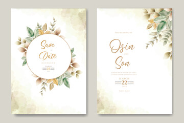 wedding invitation card template set with watercolor leaves decoration