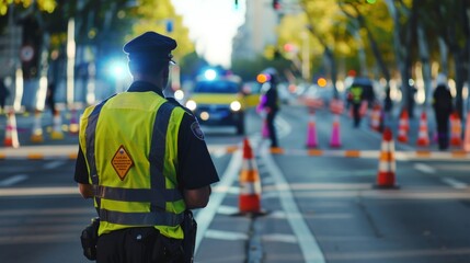 Obraz premium A security personnel directing traffic flow during an event, ensuring orderly movement and crowd control.