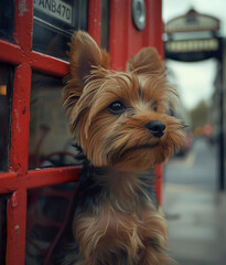 Beautiful Yorkshire Terrier in front of a red telephone booth.