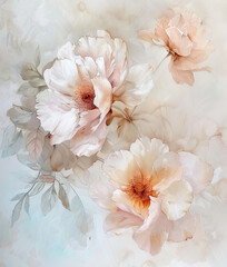 Watercolor painting of peony flowers, on abstract watercolor background