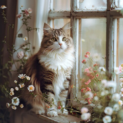 Cute cat sitting on window sill with flowers. Fluffy pet