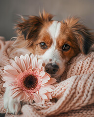 Cute dog with pink gerbera flower on knitted blanket.
