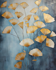 illustration of golden leaves of ginkgo biloba on a blue grunge background.