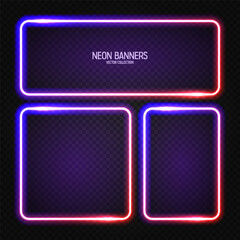 Glowing neon banners, illuminated colorful square frames. Shiny vibrant border, glow effect. Violet vintage retro lights, night illumination. Modern futuristic UI design elements. Vector illustration