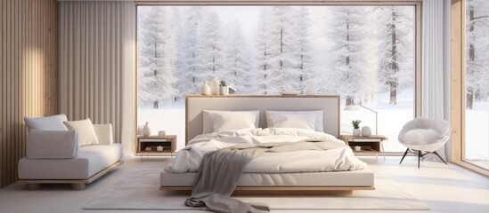 a bedroom with a bed , chair , couch and large window with a view of a snowy forest