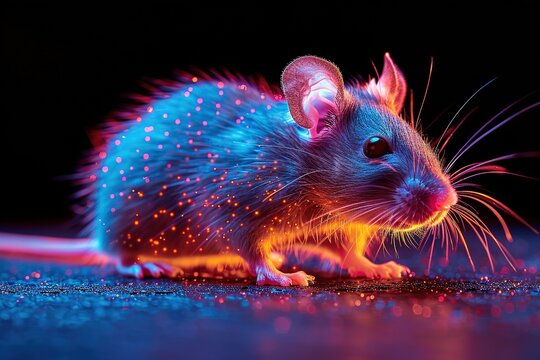 Colorful glowing neon rat mouse animal copy space for text