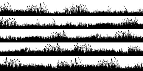Naklejka premium Meadow silhouettes with grass, plants on plain. Panoramic summer lawn landscape with herbs, various weeds. Herbal border, frame element. Black horizontal banners. Vector illustration
