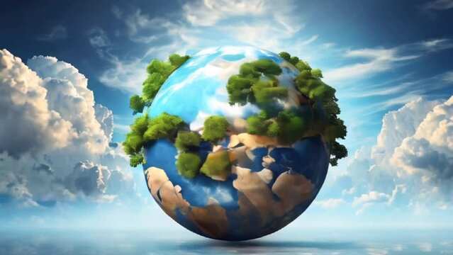 Green planet with lush forests and rugged mountains moves between clouds in clear blue sky. Concept Earth Day