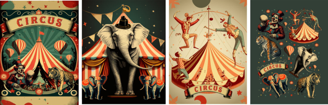 Сircus. Vector vintage illustrations of acrobats, circus tent, animals, elephant, tiger, clown for retro poster, background and ticket	
