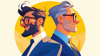 Two business professionals with glasses and a smiling man depicted as a cartoon avatar in round profile picture icons in a 2d illustration for graphic design