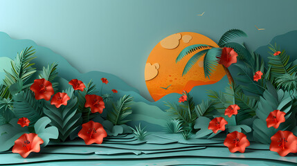 Paper cut 3d summer illustration with sun and bright background with copy space, very detailed and realistic