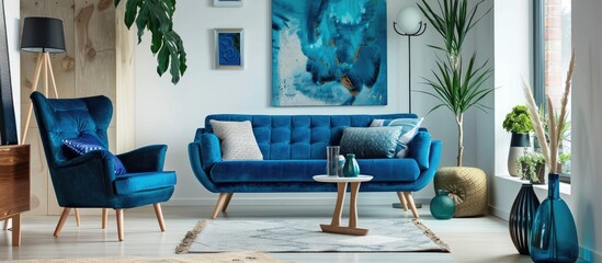 House with Azure couch, chair, table, painting on wall
