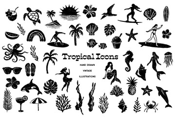 Tropical Illustrations Vintage Icon Sheet - obrazy, fototapety, plakaty