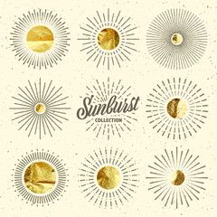 Vintage grunge sunburst sunset beams. Gold foil, shiny handmade circles. Golden glittering texture, pattern. Hand drawn bursting sun, light rays. Logotype, lettering, retro style. Vector illustration