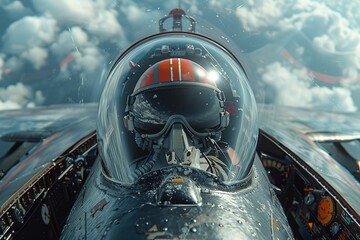 A pilot is seated in the cockpit of a fighter jet, soaring through the sky