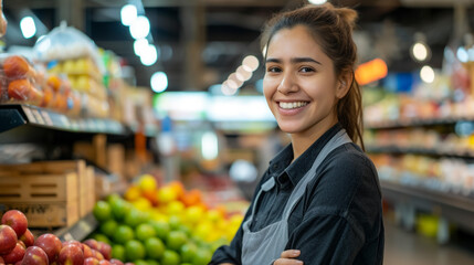Young hispanic woman shop assistant standing with arms crossed gesture at fruit market