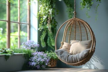 garden hanging chair with a pillow copy space for text