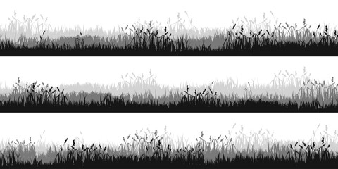 Naklejka premium Meadow silhouettes with grass, plants on plain. Panoramic summer lawn landscape with herbs, various weeds. Herbal border, frame. Nature background. Black horizontal banner. Vector illustration