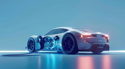 E-mobility, electric car charging battery on blue background. 3d rendering - obrazy, fototapety, plakaty