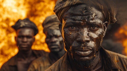 A group of oil workers stare intently into a bubbling cauldron of black gold as if mesmerized by its dark power. .