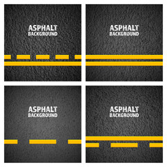Fototapeta na wymiar Asphalt road with yellow lane marking, concrete highway surface, texture. Street traffic line, road dividing strip. Pattern with grainy structure, grunge stone background. Vector illustration