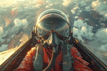 a fighter jet pilot wearing a helmet and mask is flying through the air - obrazy, fototapety, plakaty