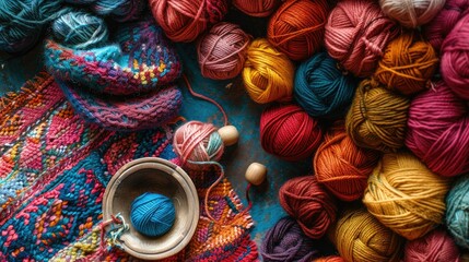 Colorful and cozy wool yarns lay spread out on the table inviting you to knit or crochet Delving into the art of crochet or knitting can be a therapeutic practice that connects us to our anc