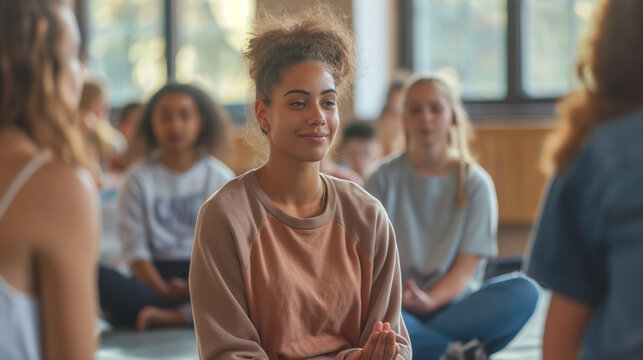 A teacher leading a mindfulness or meditation session for students. Knowledge, friendship, respect for each other, education