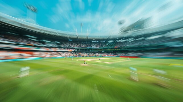 Blurry Buzz of Cricket A blurred background of a packed stadium at a cricket carnival with a constant hum of chatter and cheers from the passionate supporters creating a dynamic and .