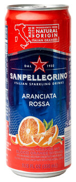 Can of San Pellegrino brand  italian Blood orange soda isolated on a transparent background png