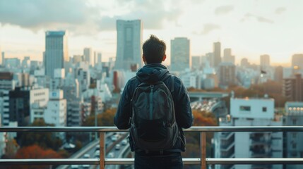 A man standing on a balcony gazing out at a bustling metropolis below back to the camera as takes in the aweinspiring sights. . .