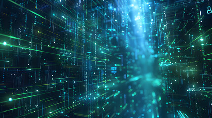 Fototapeta na wymiar a digital rain of green binary code cascading down a dark black background, with a sense of movement and flow of information, symbolic of the digital age. image for big data concept background