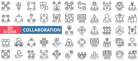 Collaboration icon collection set. Containing idea, teamwork, puzzle, online, work shift, management, leadership icon. Simple line vector. - obrazy, fototapety, plakaty