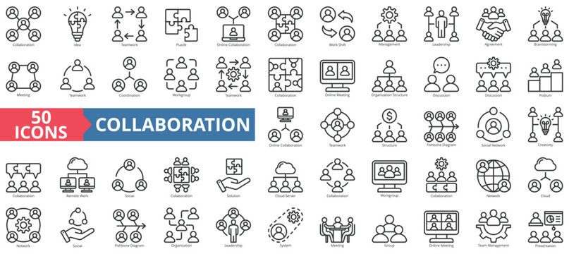 Collaboration icon collection set. Containing idea, teamwork, puzzle, online, work shift, management, leadership icon. Simple line vector.