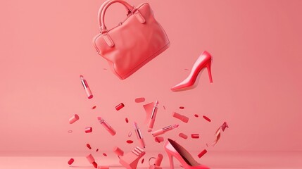 Flying woman's accessories bag, high heels, lipsticks on pastel pink background. 3d rendering