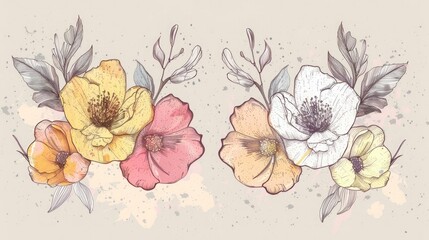 Floral set Collection with flowers hand drawn Design for invit