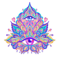 Sacred geometry symbol with all seeing eye over in acid colors. Mystic, alchemy, occult concept. Design for indie music cover, t-shirt print, psychedelic poster, flyer. Astrology, esoteric, religion.