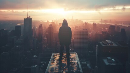 A figure in silhouette stands atop a building overlooking the sprawling city below ready to take on whatever obstacles come . . - obrazy, fototapety, plakaty