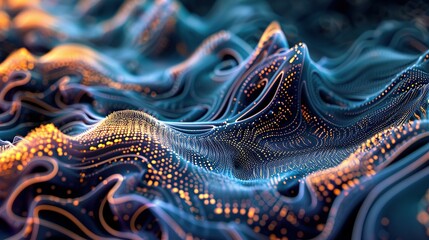 an abstract wave effect in blue and purple, in the style of light black and bronze, pointillist optical illusions, dark teal and light orange,