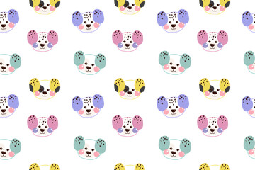 Seamless pattern with doodle kawaii cute outline face, head of dog for children. Vector dogs flat handwritten illustration for baby, kids for fabrics, children's clothing, blankets, pillows, rugs