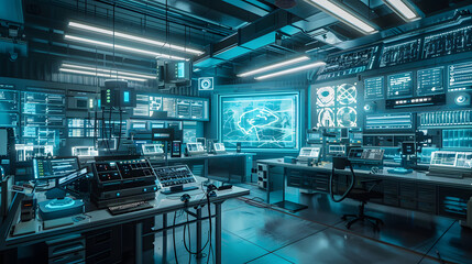 Futuristic laboratories filled with glowing screens and holographic displays, herald innovative technological advances and a modern work environment.