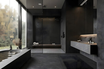 Contemporary modern bathroom interior in dark black colors and concrete elements.