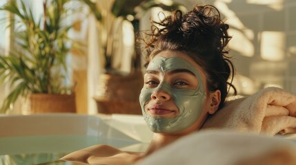 Young woman applies a face mask as she lies in the bath - Powered by Adobe