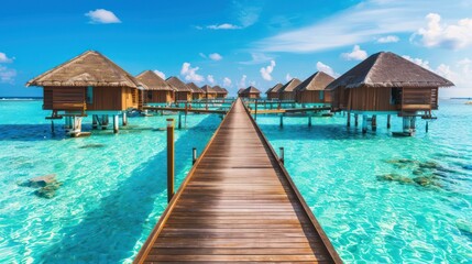 Fototapeta premium Traditional cottage on a Tropical Beach with a wooden bridge in a sunny setting