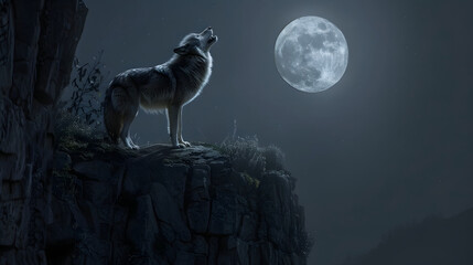 A wolf stood alone on a cliff, howling, with the moon behind him. very detailed and realistic. - obrazy, fototapety, plakaty